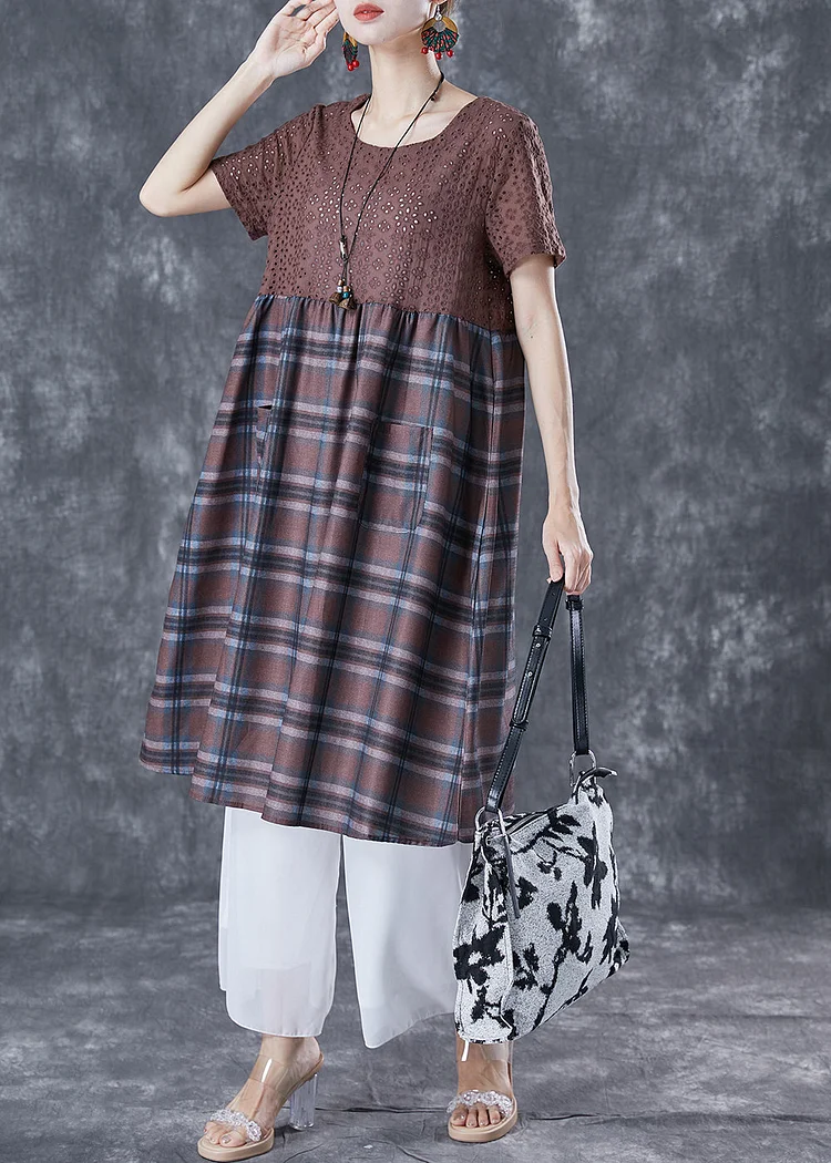 Unique Coffee Hollow Out Patchwork Plaid Cotton Dresses Summer