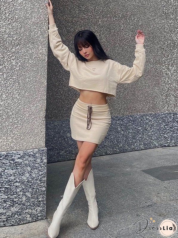 Casual Crew Neck Long Sleeve Top Slim Fit Lace Up Skirt Set