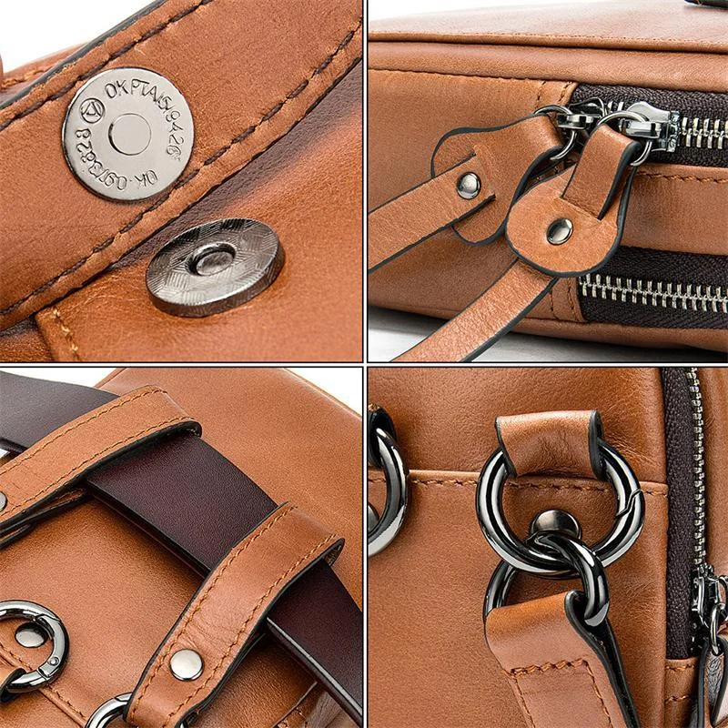 Men's Leather Belt Bag Retro Double Zipper Phone Bag