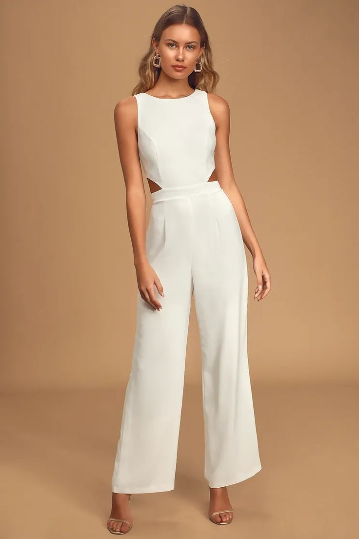Hidais Chic Ivory Satin Crew Neck Sleeveless Vest Cutout High Waist Wid-Leg Jumpsuit 