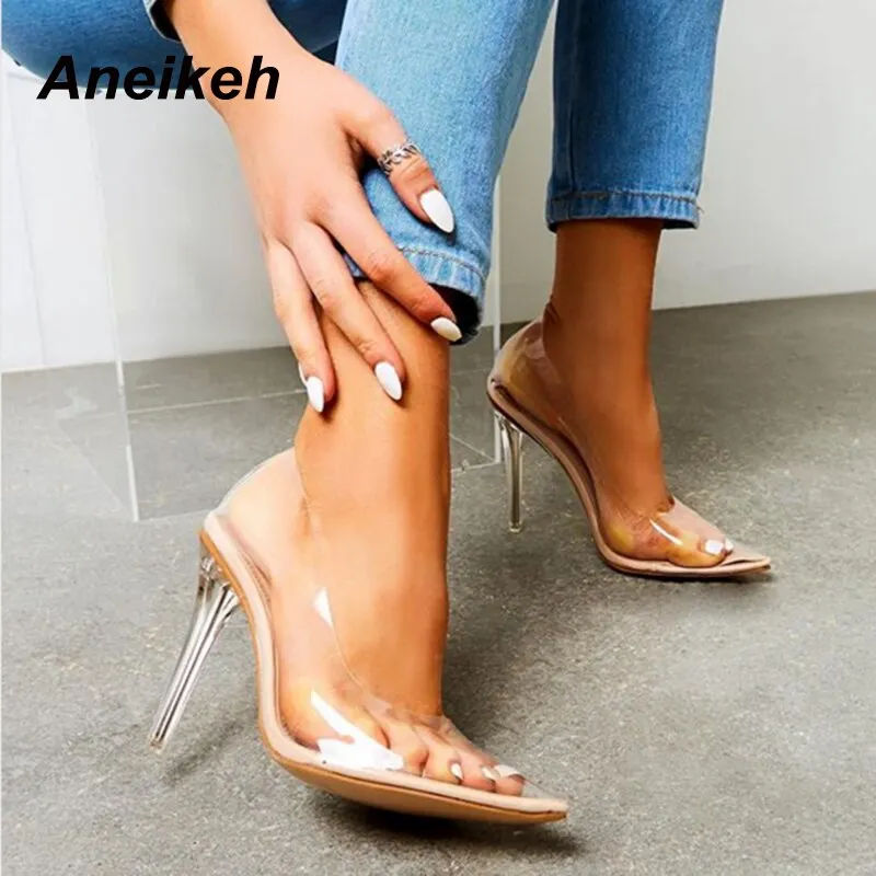 Aneikeh 2021 New Women Pumps PVC Transparent High Heels Sexy Pointed Toe Leopard Grain Party Shoes Lady Thin Heels Pumps Size 42