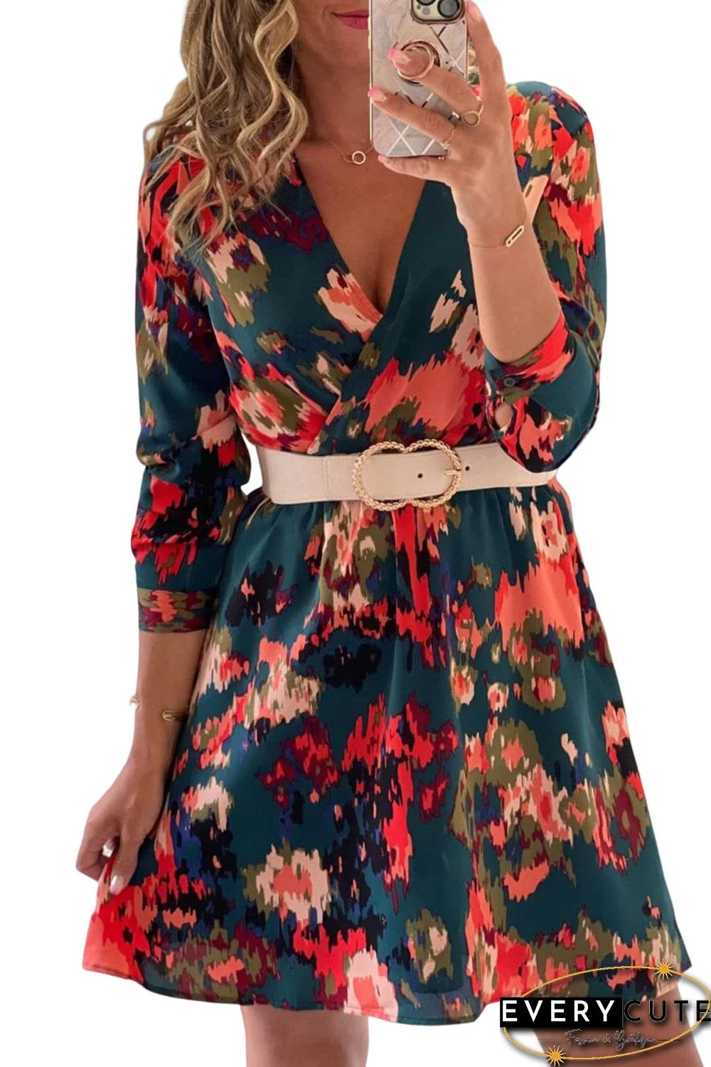 Green Abstract Print V Neck Puff Sleeve A-line Dress