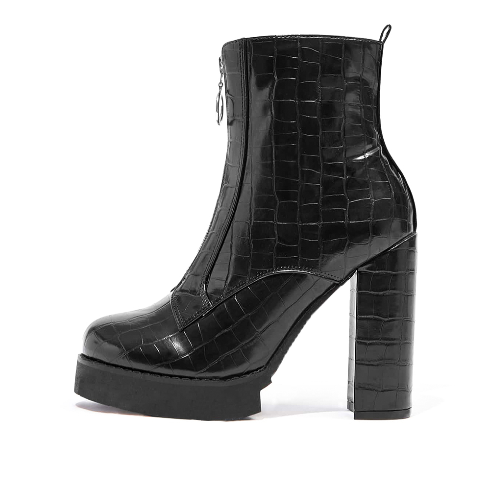 Full Black Croc  Almond Toe Platform Boots Y2K Chunky Heel Ankle Boots Nicepairs