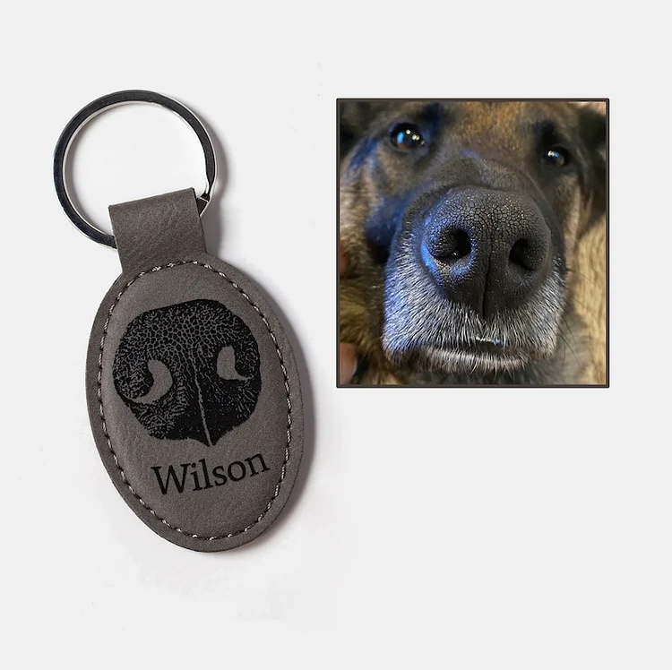 Personalized Pet Nose Print Keychain, Oval Vegan Leather Keyring, Pet Lover Memorial Keychain