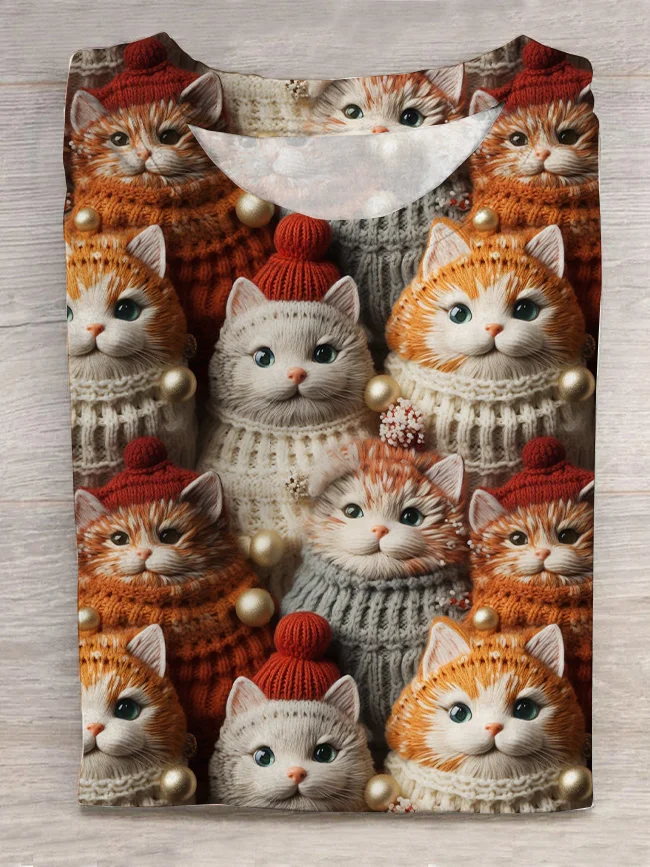 Winter Cute Cat Print Short-sleeved T-shirt