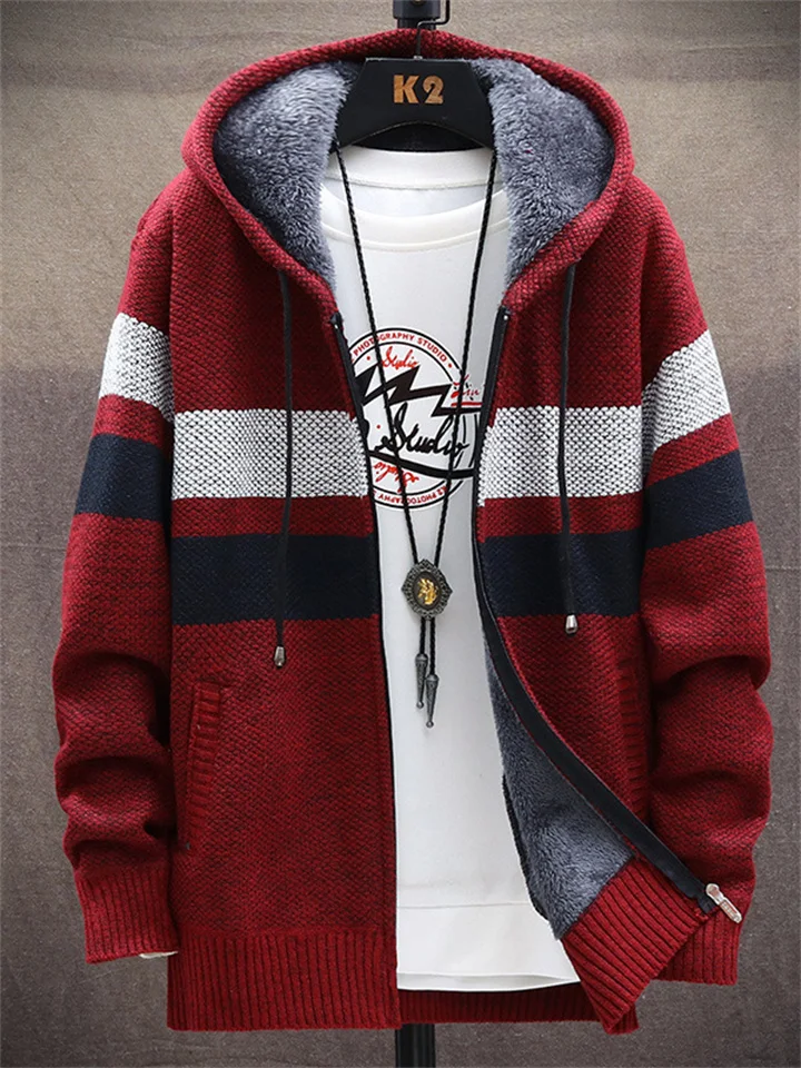 Autumn and Winter New Men's Color Blocking Knit Sweater Youth Collar Sweater Cardigan Padded Baseball Collar Jacket