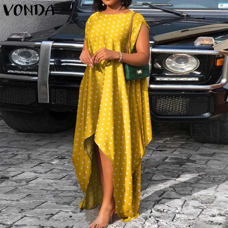 Women Dress VONDA Vintage Polka Dot Printed Asymmetric Hem Vestidos  Irregular Hem Dresses O Neck Sleeveless Sundress