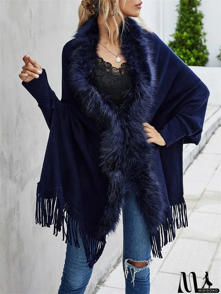 MidiSono - Elegant Lady Fur Collar Tassel Design Batwing Sleeve Cardigan Shawl Sweaters