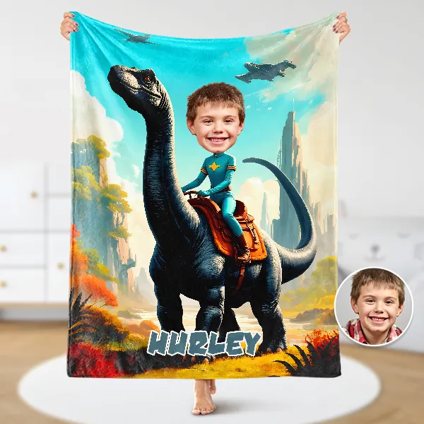 Custom Riding Dinosaur Blankets Personalized Face & Name Hero Blanket Gifts For Boys