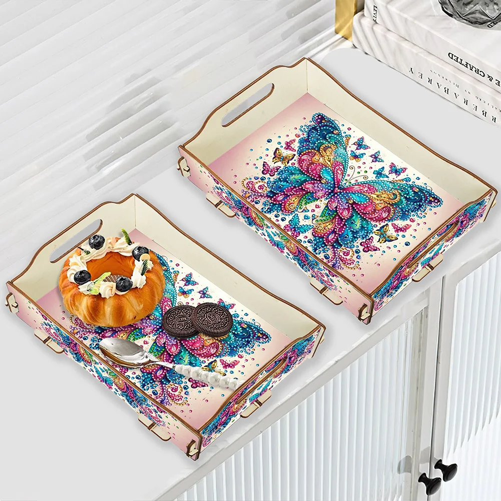 5D DIY Butterfly Diamond Painting Serving Tray with Handle for Coffee Table
