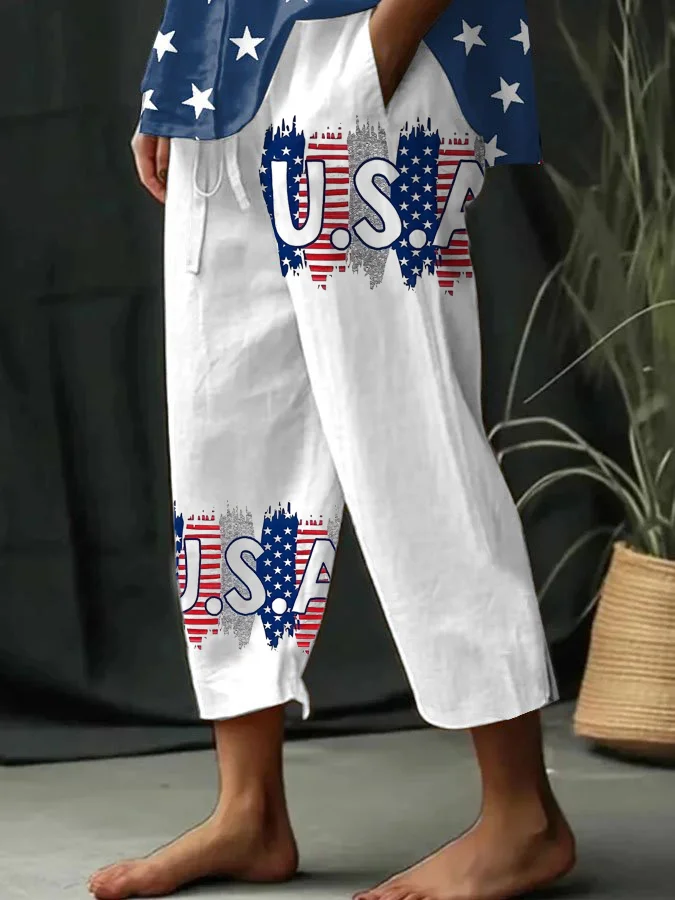 Women's Independence Day USA Flag Element Print Casual Wide Leg Pants