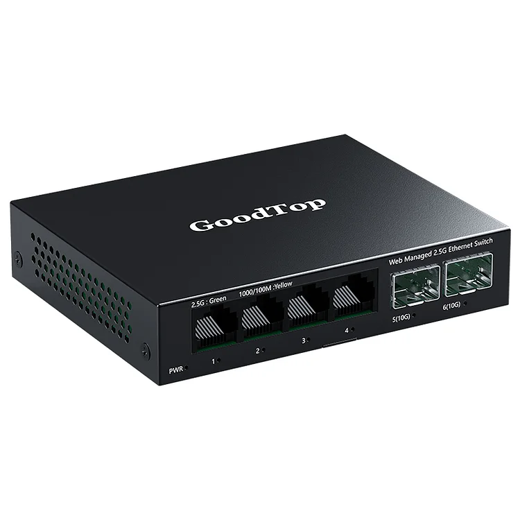 GoodTop 6 Port 2.5Gb Smart Managed Switch,4 x 2.5GbE Ports,2 x 10G SFP+,Web Managed with Static Link Aggregation/VLAN/QOS, Metal Fanless Home Lab Network Switch