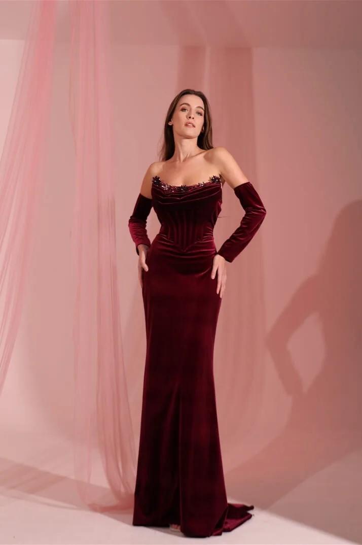 Stunning Strapless Burgundy Velvet Long Pleated Prom Dress with Sequins | MS0588