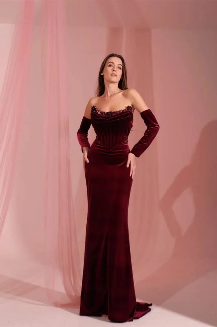 Miabel Stunning Burgundy Velvet Long Pleated Strapless Prom Dress with Sequins 