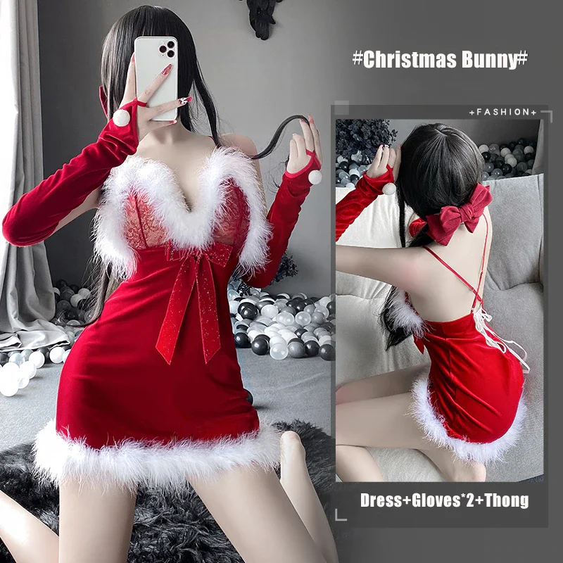 Billionm 3Pcs Red Deep V Neck Velvet Women Christmas Sexy Lace Backless Costume Perspective Stage Clothes Tempatation Lingerie Dress New