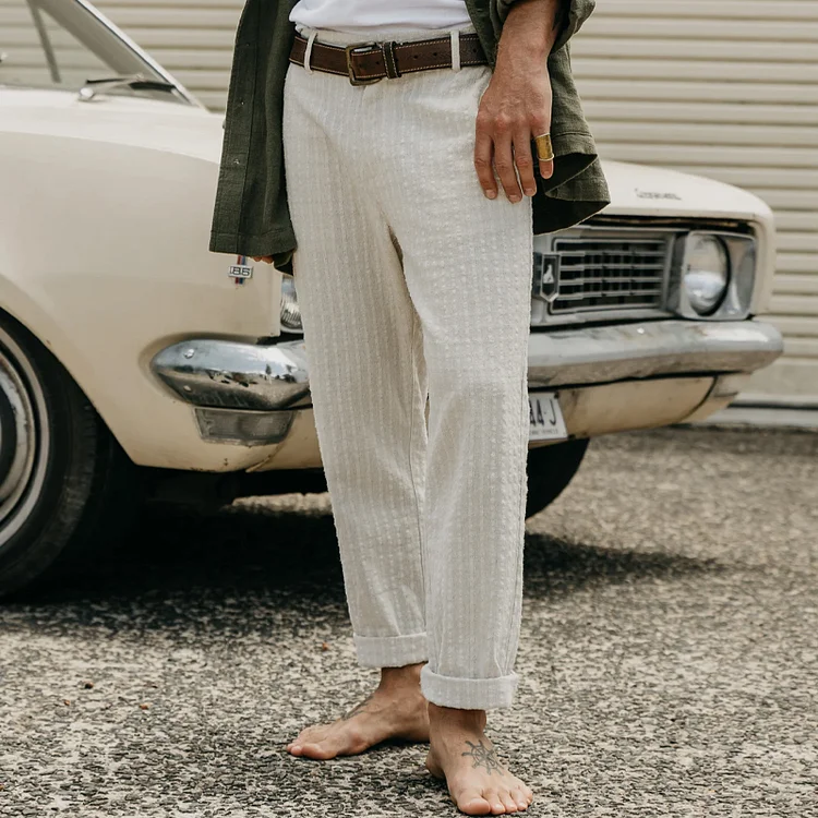 Vacation Off-White Plaid Straight Cotton And Linen Pants