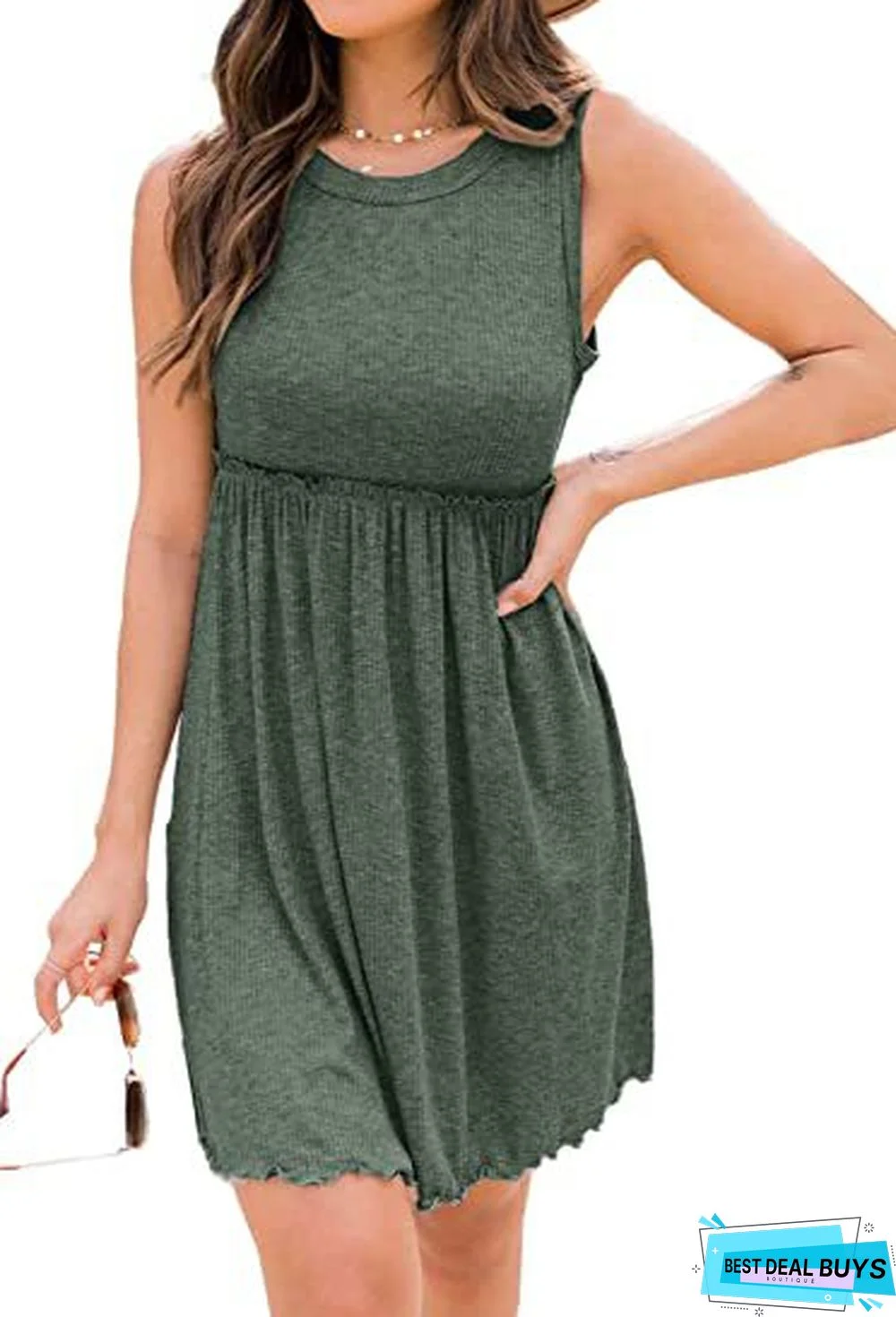 Round Neck Knit High Waist Pleated Vest Dress