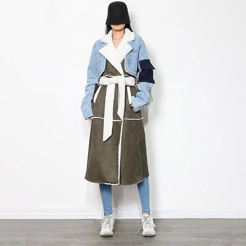 Uveng Uveng New Long Denim Splicing Lamb Wool Coat Female Lapel Waist Show Thin Temperament Fashion Coat