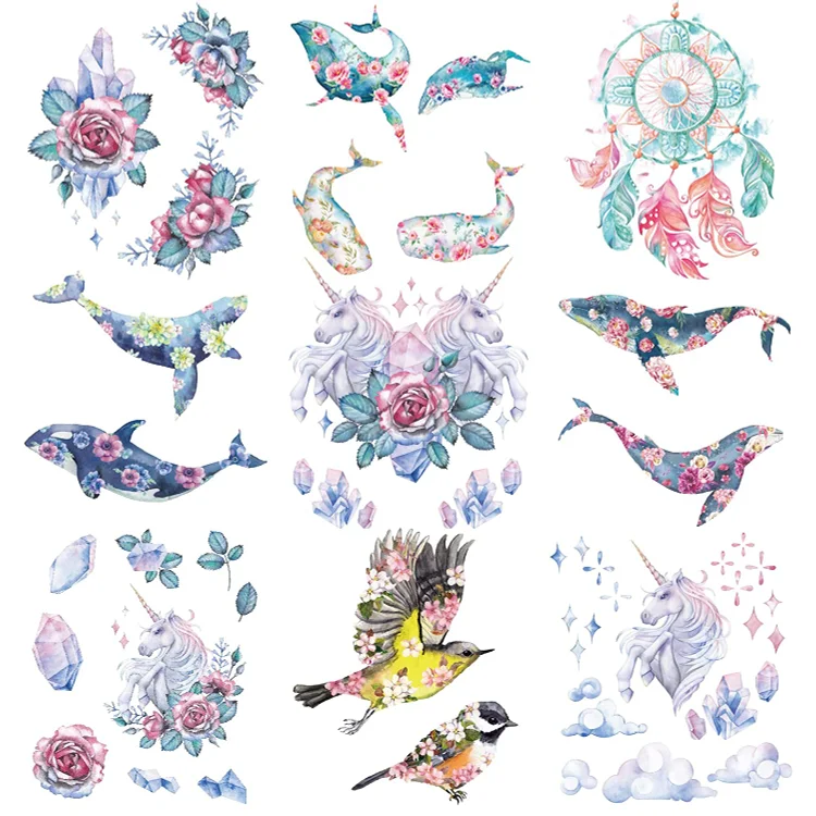 9 Pieces Fantasy Bird Unicorn Flower Temporary Tattoo