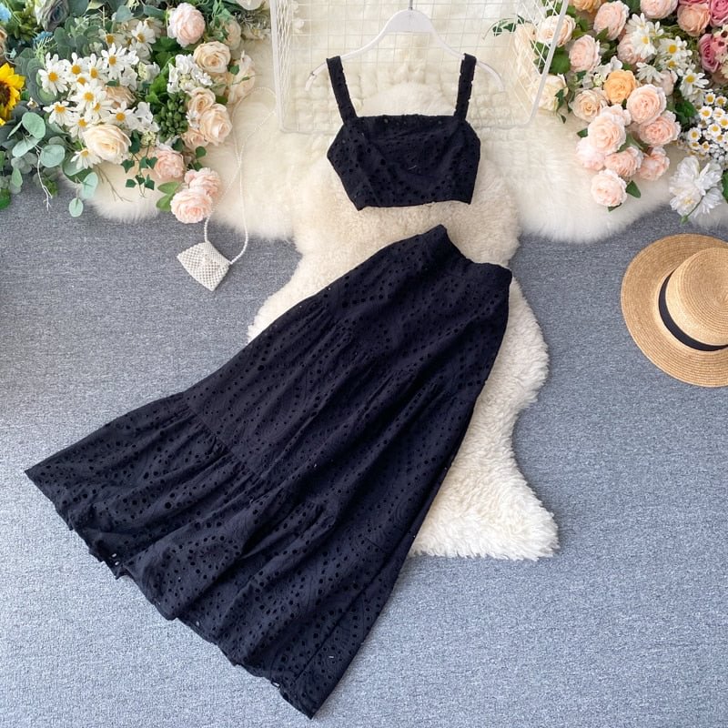 Women's Holiday Style Suit Sets 2022 Summer New Short High Waist Camisole Wild Long Skirt Fashionable Two-piece Skirts ML1037