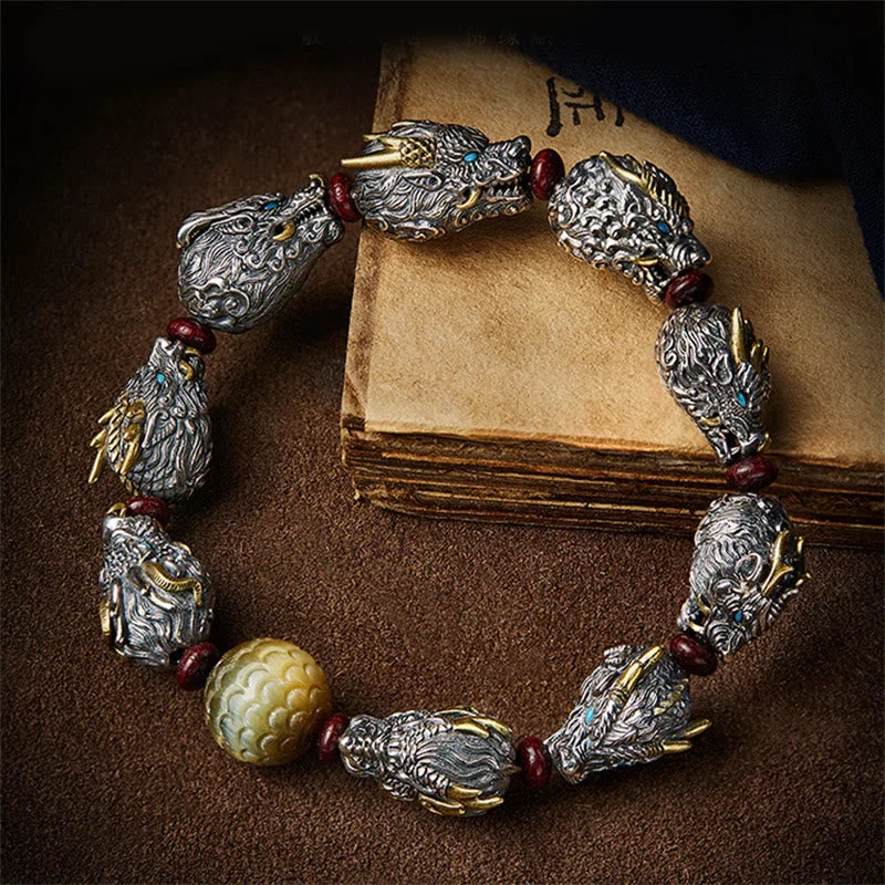 Sandalwood Nine Dragons Head Copper Luck Bracelet
