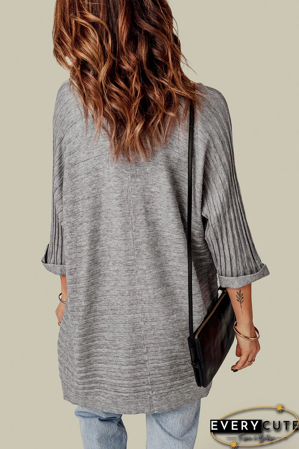 Grey Ribbed Open Front Knit Cardigan