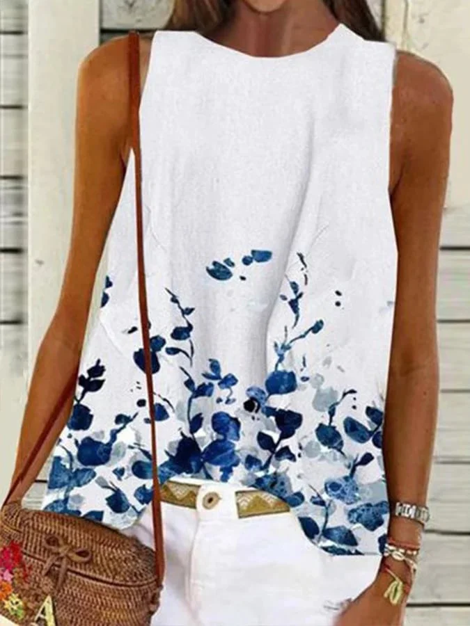 Women's Floral Print Cotton Linen Sleeveless Top