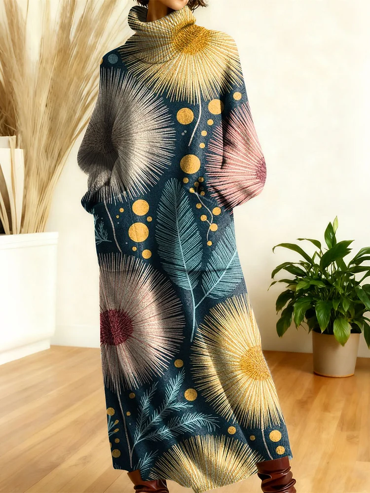 Women's Retro Flowers Geometric Patchwork High-neck Long-sleeve Casual Loose Knit Dress