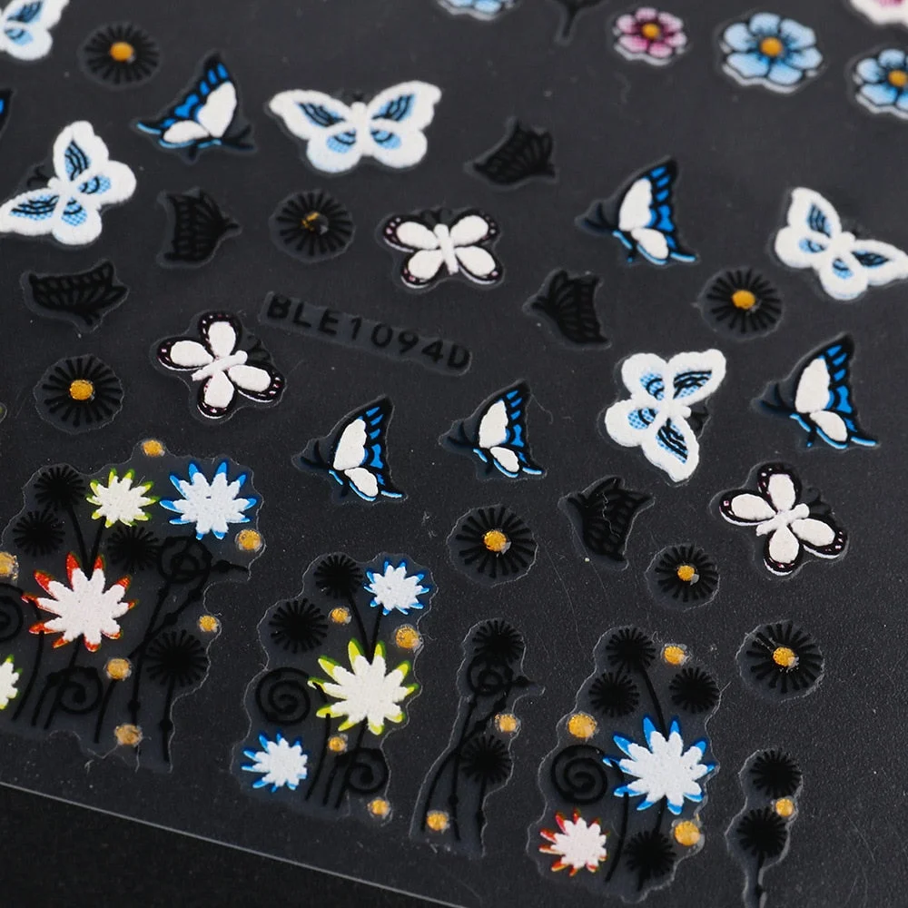 12 Sheet/Set Nail Stickers Back Glue Flowers Butterfly Designs Nail Decal Decoration Tips For Beauty Salons-Nail Inspo