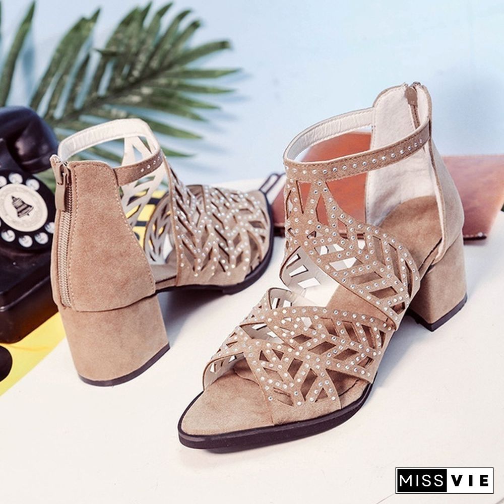 Women Sandals Fashion Elegant Party Shoes Zip Mid Square Cover Heel Platform Summer Sandals Women Sequined Shoes