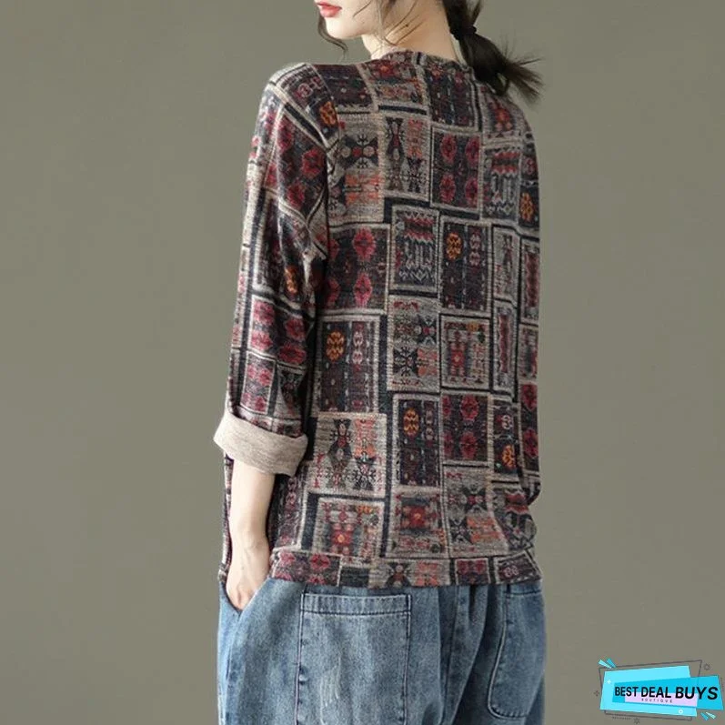 Vintage Floral Print Drawstring Cotton Blouse Summer