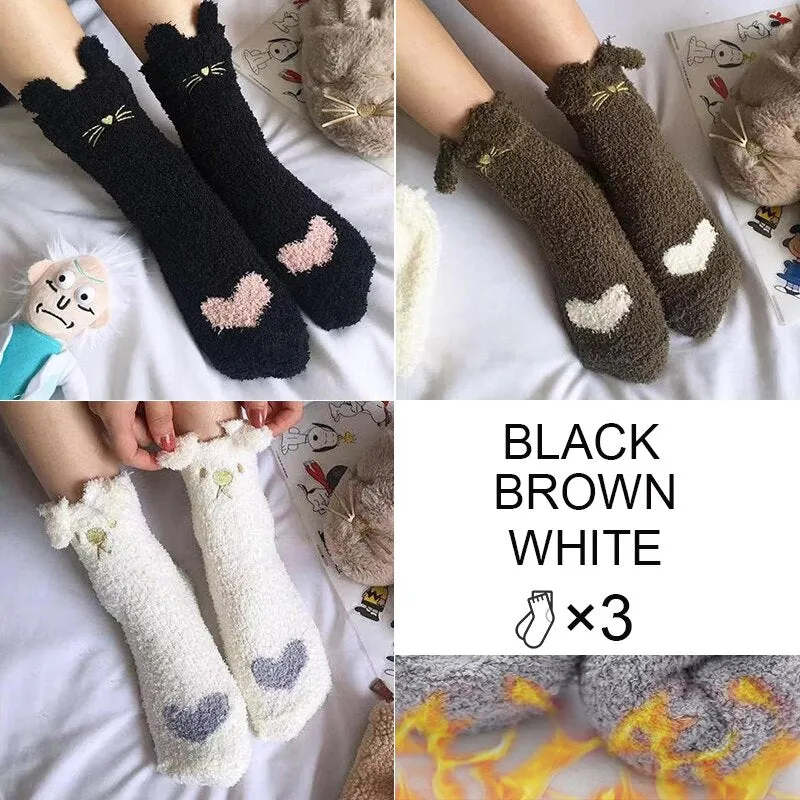 FINETOO 3Pair/Set Women Autumn and Winter Socks Plush  Thick Warm Socks Coral Velvet Animal Sleeping Non-slip Home Floor Socks