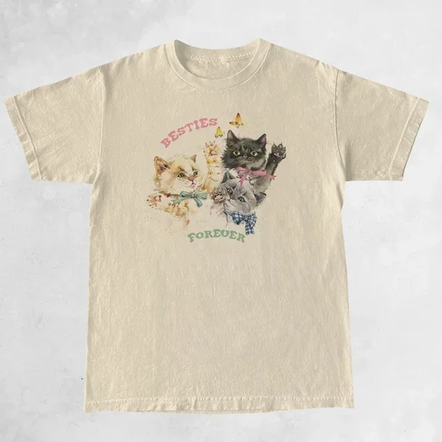 Women Cute Kitten Besties Forever Graphic Tops Fashion Oversized T-Shirt