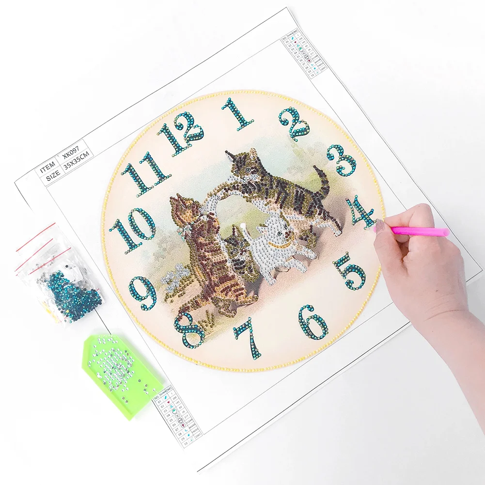 DIY Crystal Rhinestone Diamond Painting Cat Clock(35*35cm)
