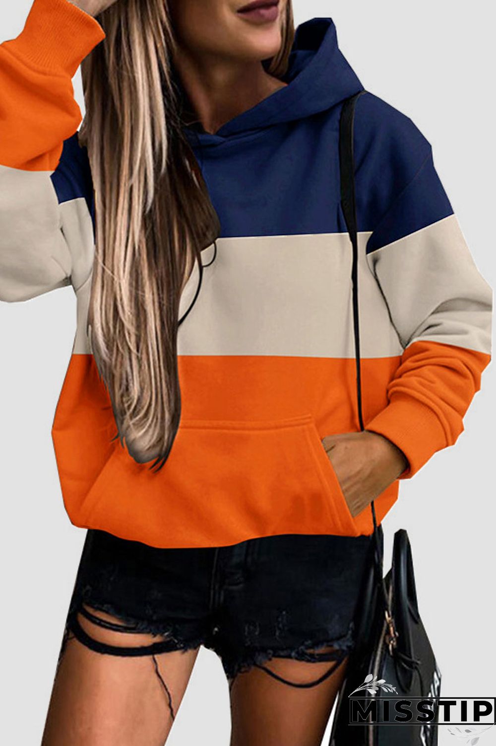 Orange Casual Print Patchwork Hooded Collar Tops
