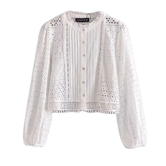 Women white cardigan Hollow Out Blouses