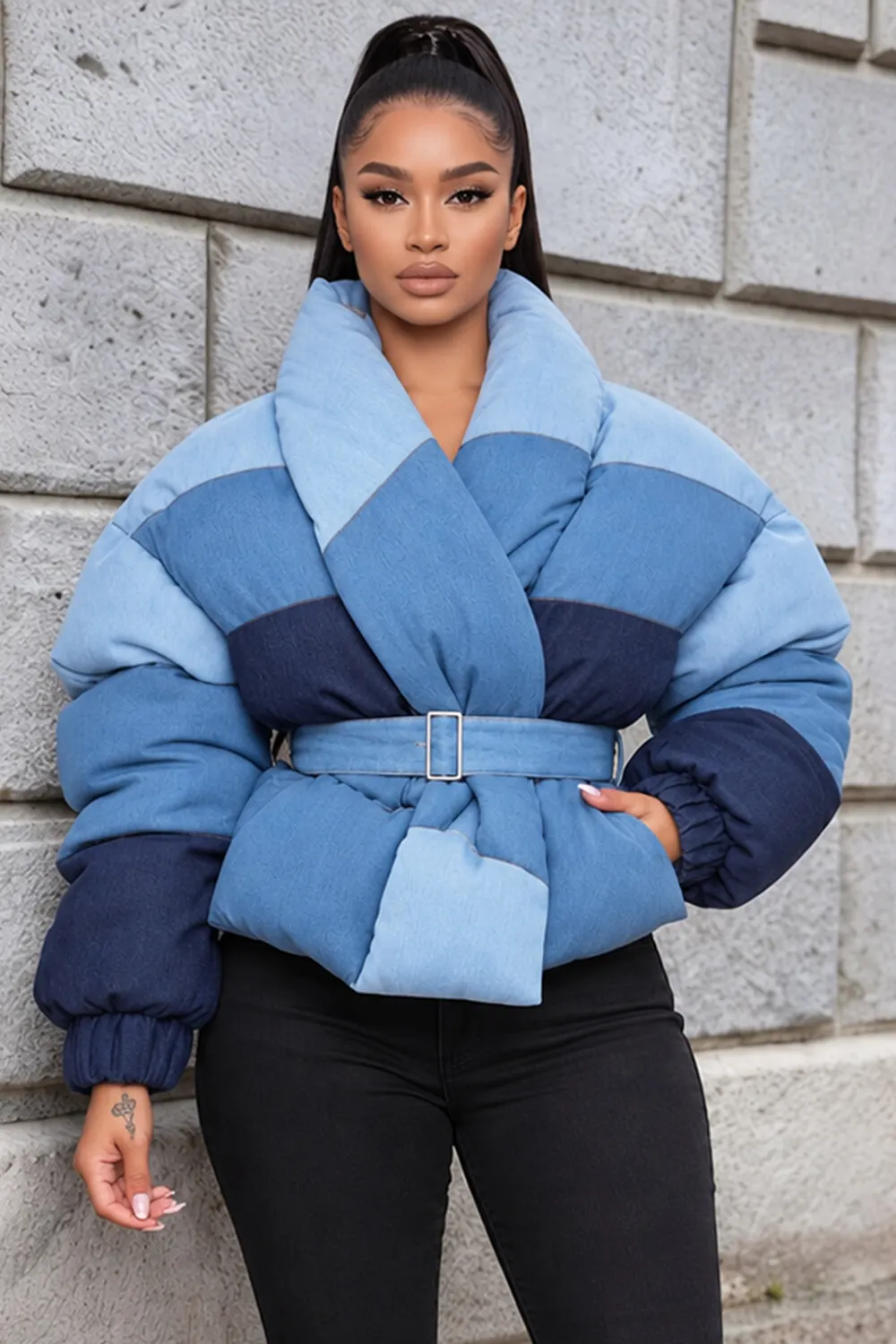 Ombre Denim Color Block Belted Puffer Outerwear-Multicolor [Pre Order]