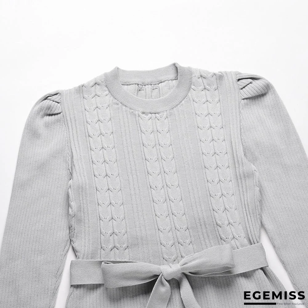 Bubble Long Sleeve Knitted Skirt Medium Long Wool Dress Black Dresses | EGEMISS