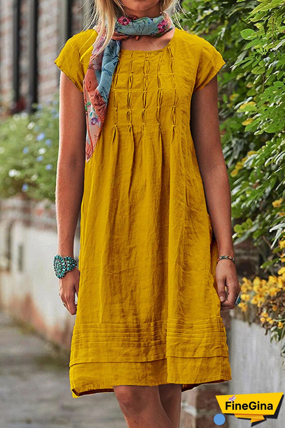 Casual Solid Patchwork U Neck A Line Short Sleeve Dress(7 colors)