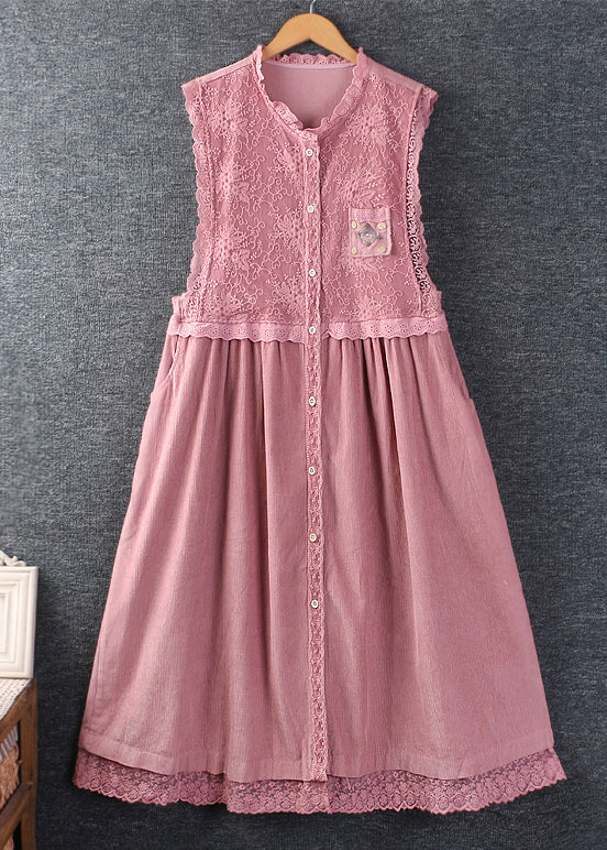 VCSHOES Pink Ruffled Pockets Lace Patchwork Corduroy Dress Sleeveless