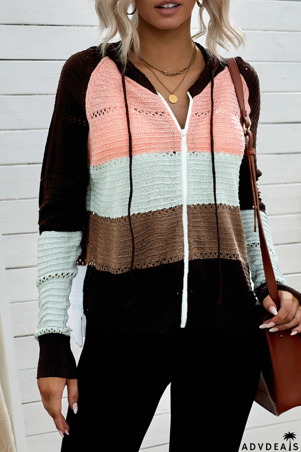 Brown Zipped Front Colorblock Hollow-out Knit Hoodie