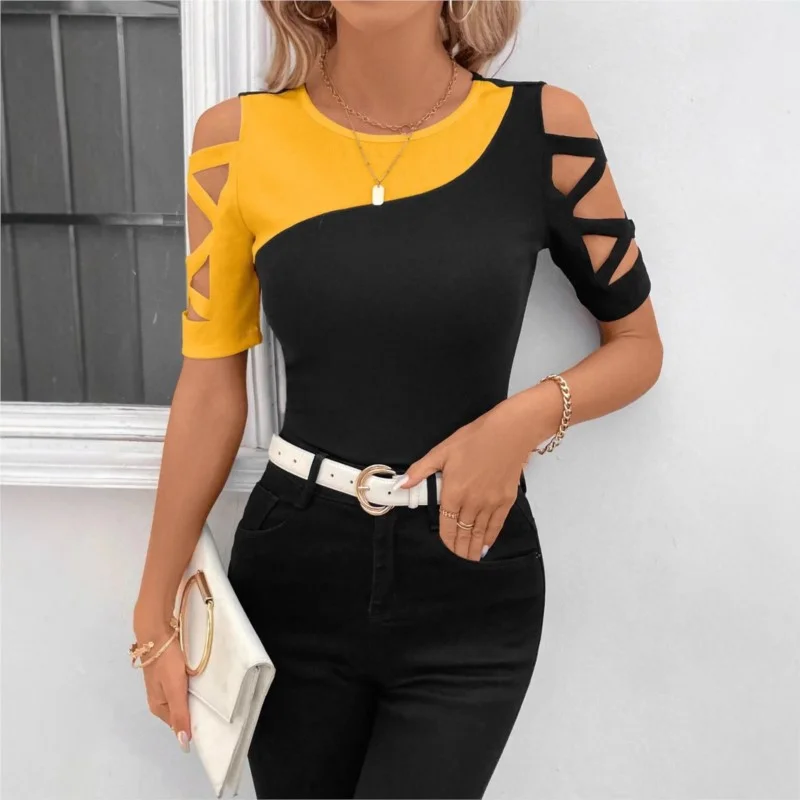 Women's New Design Contrast Color Block Cross Off Shoulder Slim Short Sleeve T-shirt Blouses
