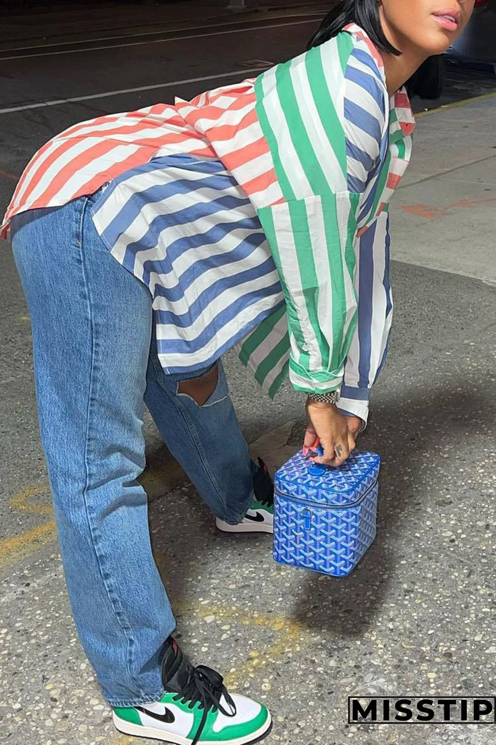 Blue Casual Striped Print Patchwork Buckle Turndown Collar Tops