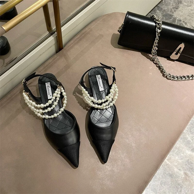 Fall 2021 Women's Shoes Thin Section Chic Pearl Mary Jane Shoes Patchwork Pointed Closed Toe Hollow Sandals Casual Pump Heels