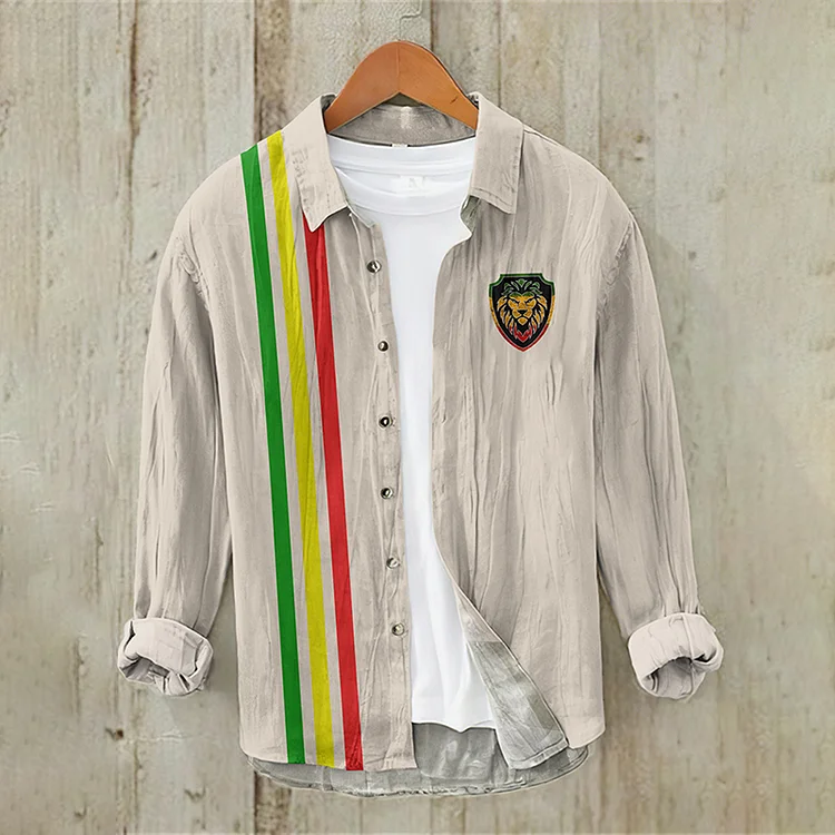 Men'S Reggae Lion Art Casual Linen Blend Shirt