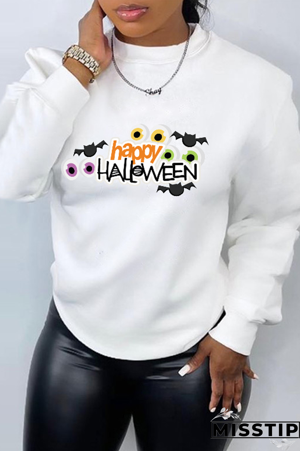 Black Fashion Street Print Letter O Neck Tops