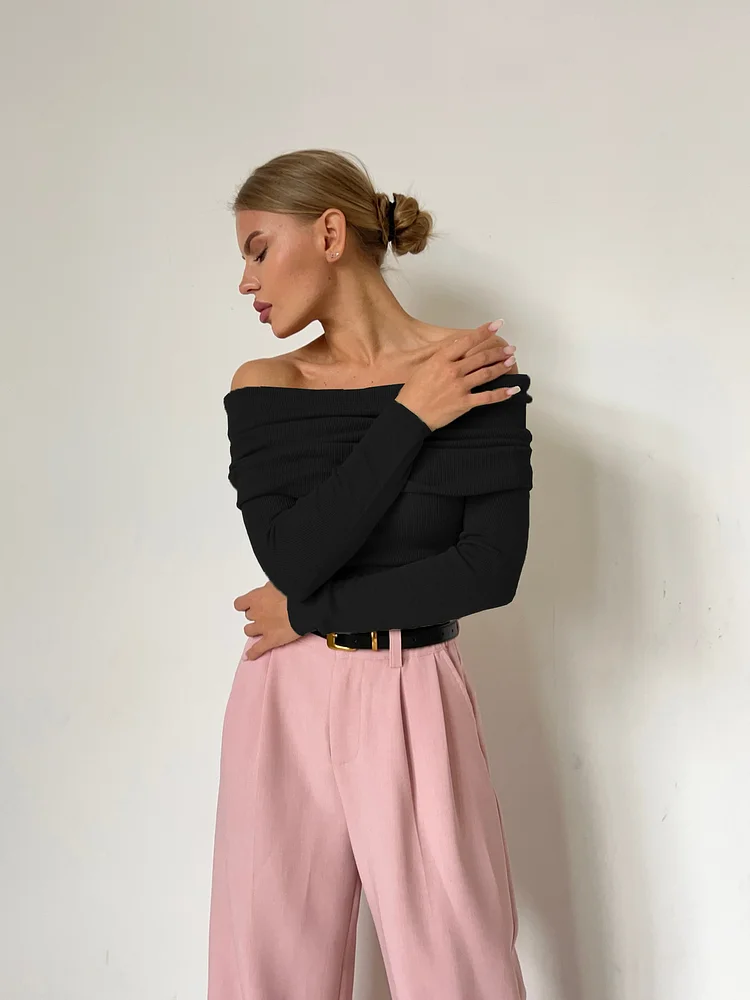 Women's Solid Color Boat Collar Long Sleeve Top