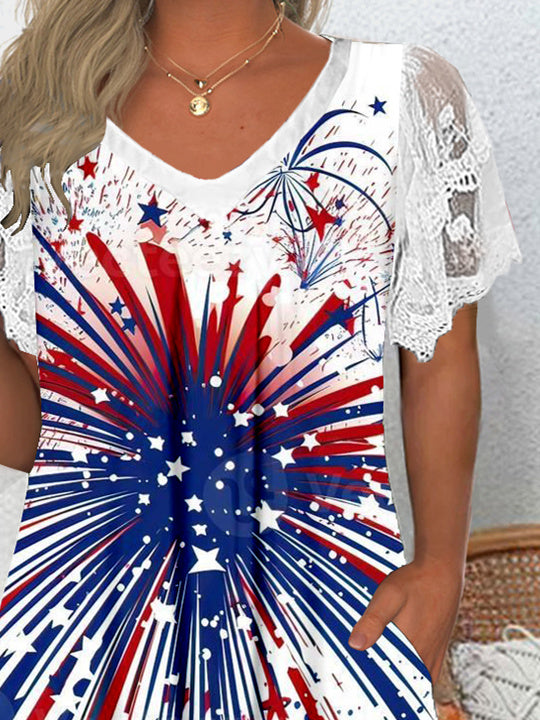 Women's Short Sleeve V-neck Graphic Lace Pockets Tops