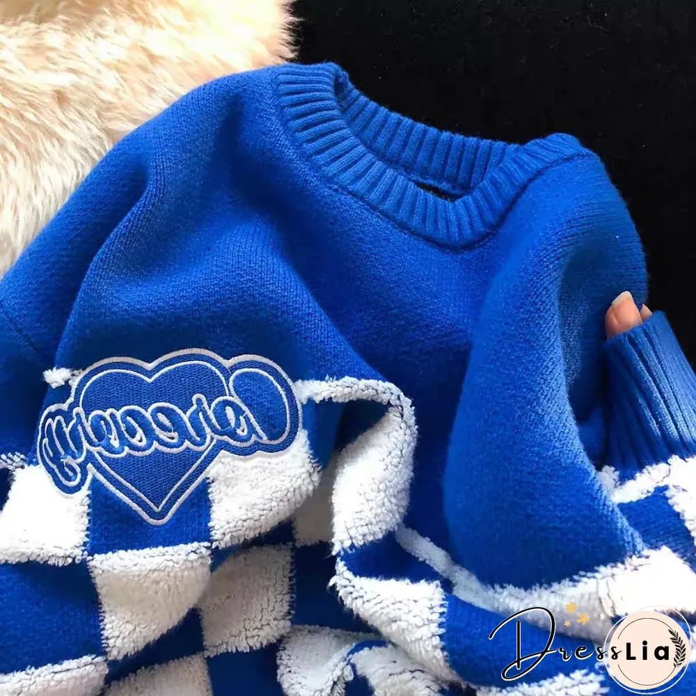 Ins Tide Brand Klein Blue Flocking Checkerboard Sweater