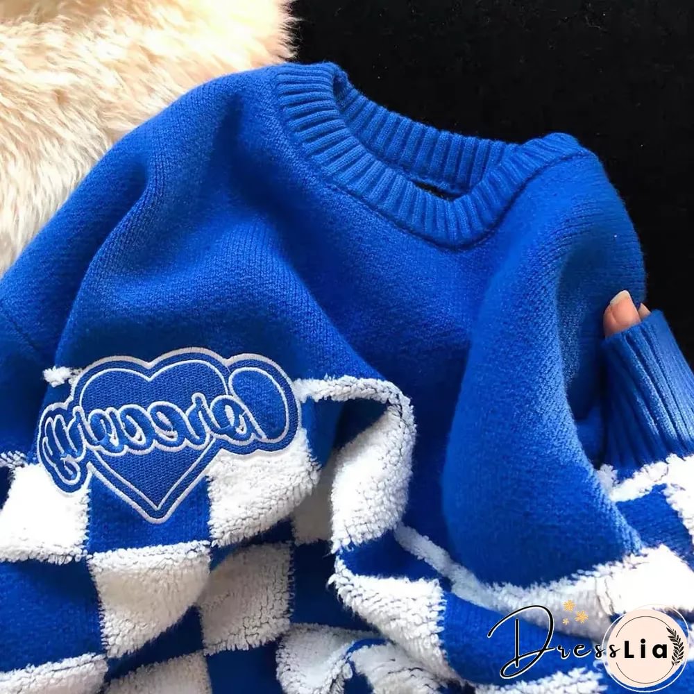 Ins Tide Brand Klein Blue Flocking Checkerboard Sweater